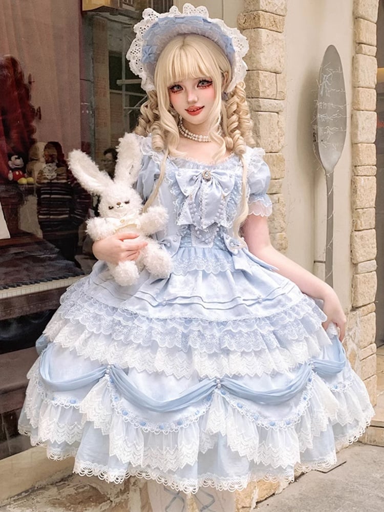 Light Blue Bow Accent Layered Skirt Hanayome Dress Sweet Hime Lolita Jumper Skirt