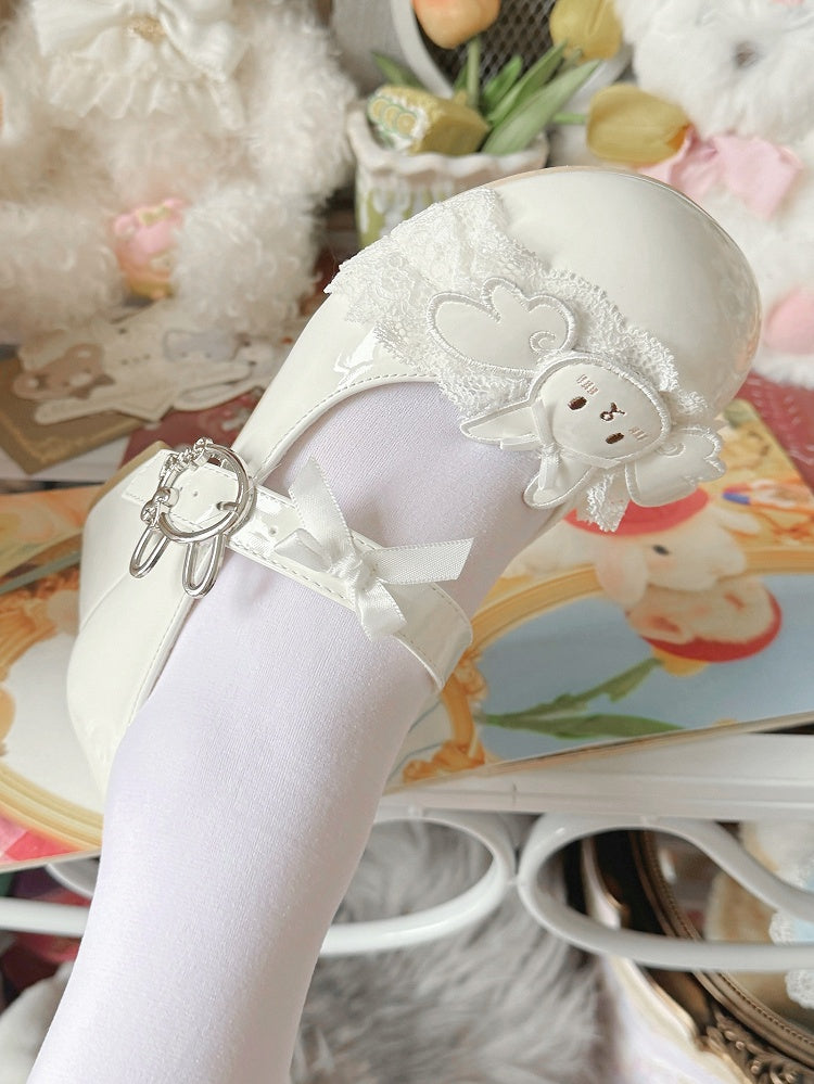 Applique Accents Low/Mid Wing Heels Sweet White - Lolita Toe Round Rabbit