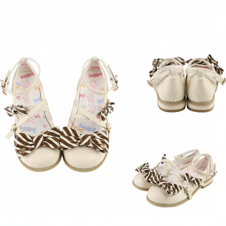 Lolita Crisscross Bow BeigeBraun Schnallen Gestreifte Schuhe Design Top bei Pattern Heart