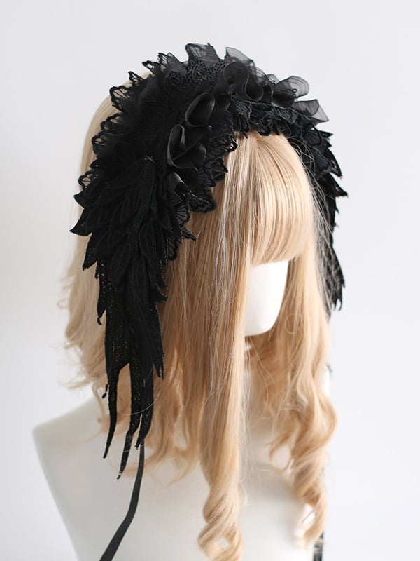 Lolita Hairband Gothic Colors Feather-Shaped Lace 8 Black