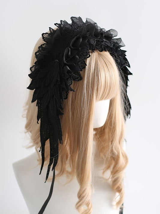 Lolita Hairband Gothic Colors Feather-Shaped Lace 8 Black