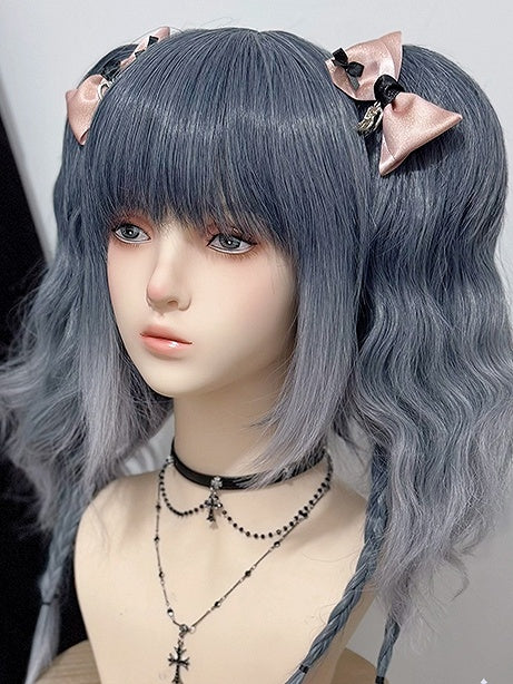 Blaugrau mit Pferdeschwänzen Ombre Haarperücken Klaue Zwei Pony Wellig +