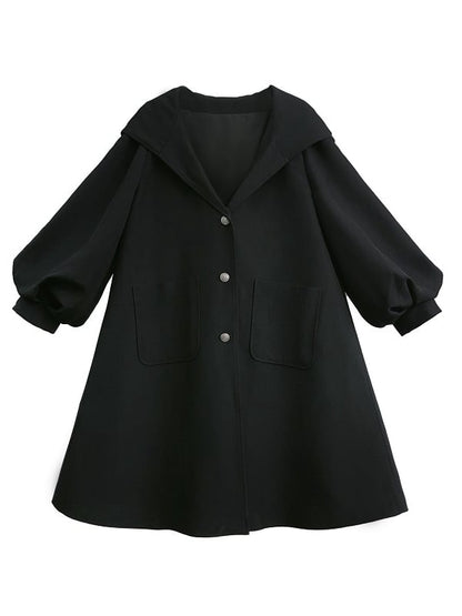 Langer adretter schwarzer Mantel mit Ballonärmeln und Kapuze