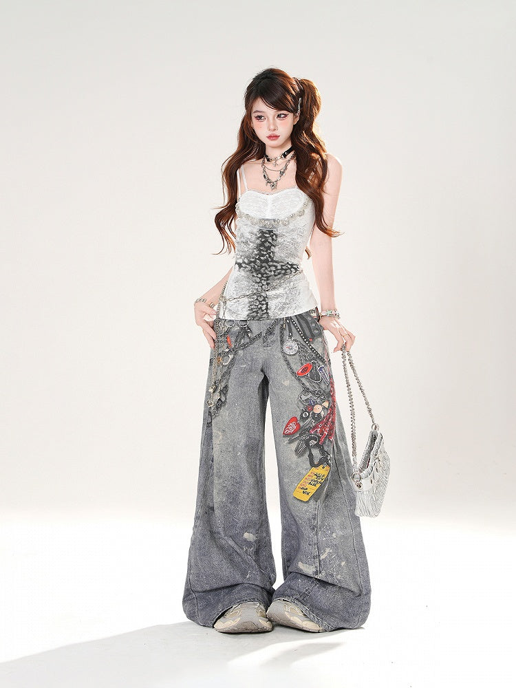 キャミソールトップ フェイクグレー/ホワイト スウィートハートネックライン クロスプリント