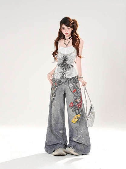 キャミソールトップ フェイクグレー/ホワイト スウィートハートネックライン クロスプリント