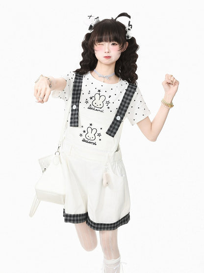 White Plaid Overall Shorts with Bunny Embroidery - Languid Park