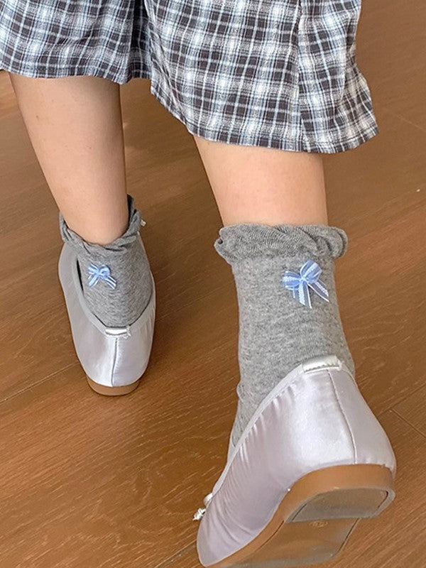 Details Rosa/Blau/Schwarz/Weiß/Gelb/Graue Wadensocken mit Rüschenbündchen und Schleife