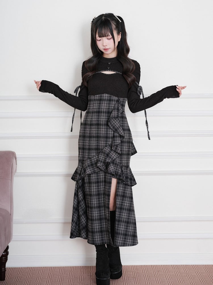 Black Jirai-Kei Faux Two-Piece Plaid Knit Long-Sleeve Dress, Ruffles & Hem Slit - No Genki
