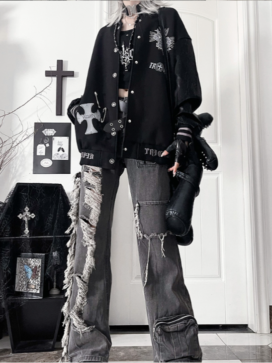 Vintage CuffCrown+Wing Black Gray Baseball Jacketwith Striped Print Gothic