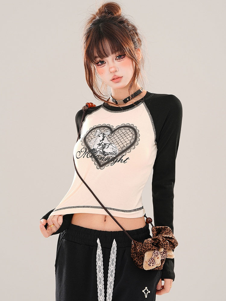 Black/Grey Heart Print Colorblock Close-fit T-shirt