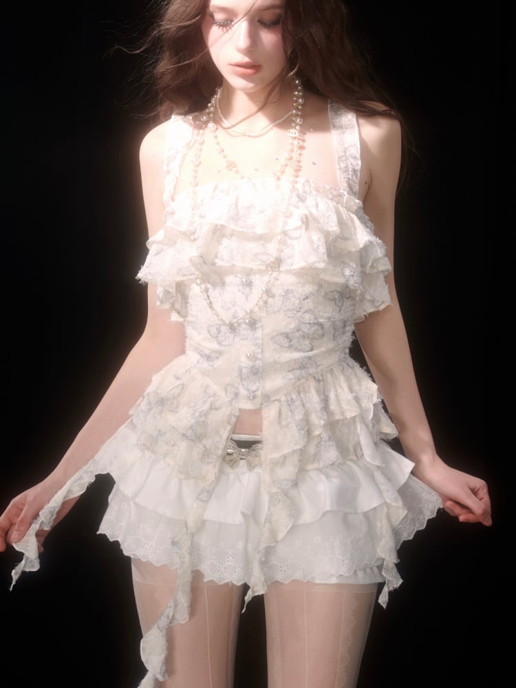 アプリコットバタフライプリントアシンメトリーヘムトップス