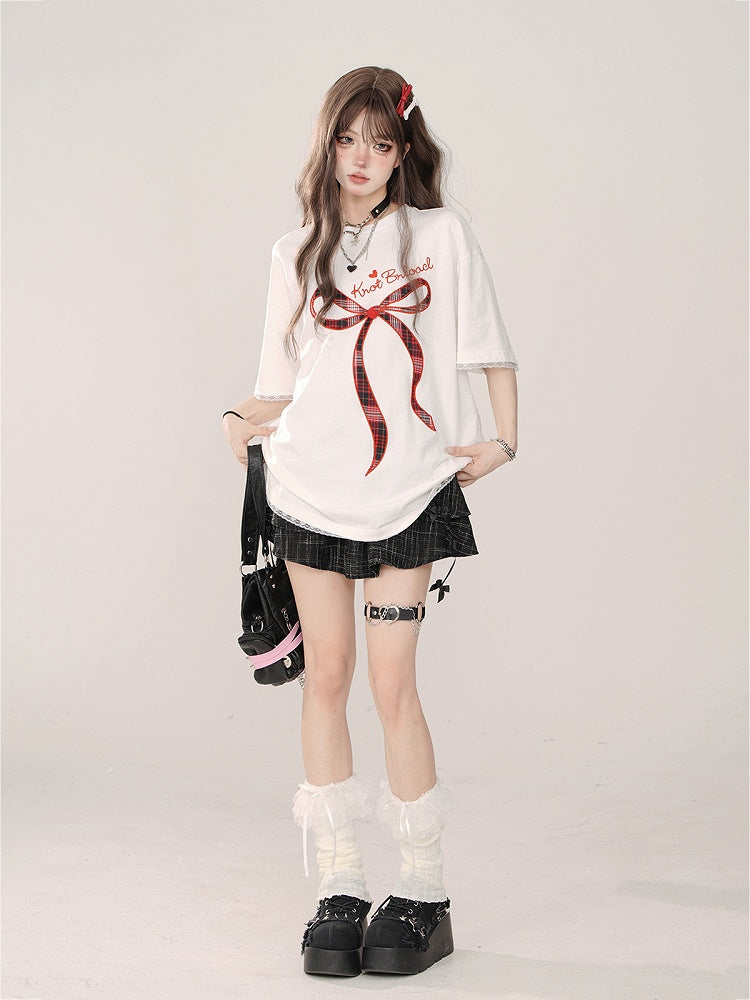 Embroidery Plaid White Oversized Lace Bow Details and T-shirt: