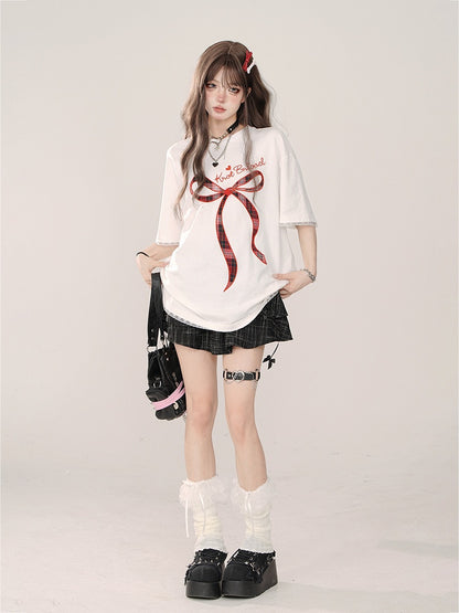 Embroidery Plaid White Oversized Lace Bow Details and T-shirt:
