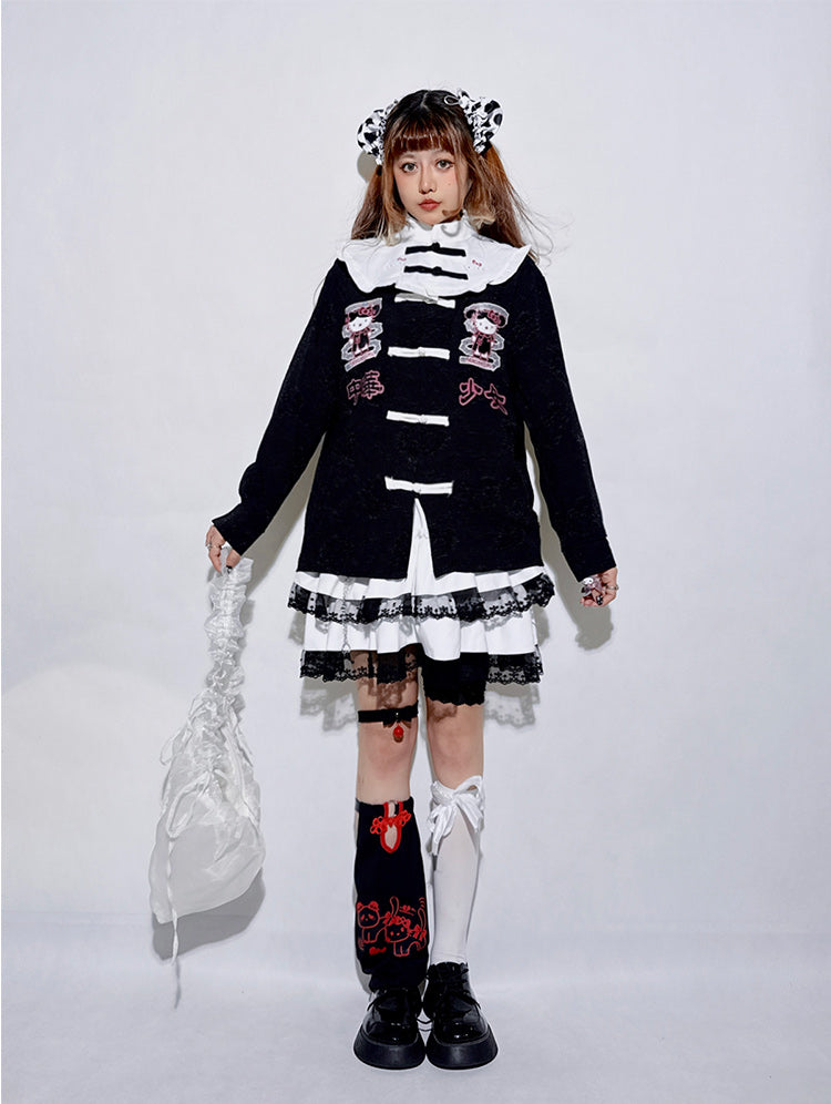 Schwarz/Blaues Jirai Kei-Oberteil mit langen Ärmeln und Kitty-Stehkragen