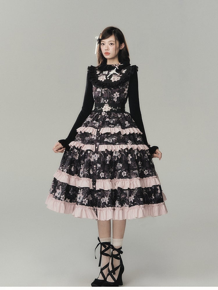 Black Knit Top with Ruffle Collar, Long Sleeves & Pink Bow Accent - Yimu Walnut