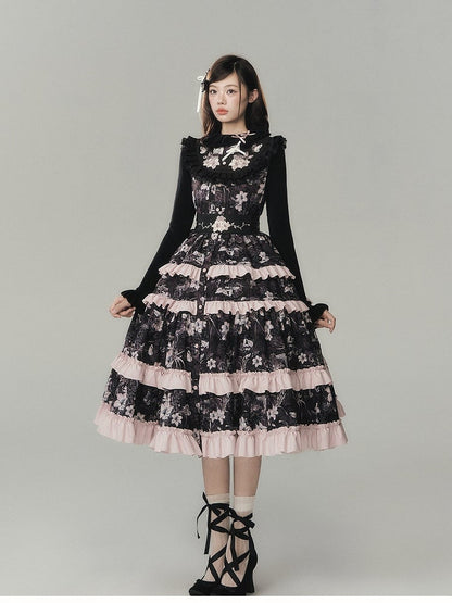 Black Knit Top with Ruffle Collar, Long Sleeves & Pink Bow Accent - Yimu Walnut