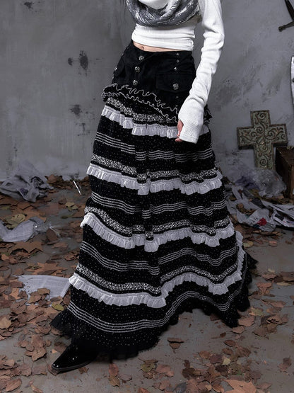 Polka Tulle Gothic Waistband with Hem Striped Studded A-Line + Length Skirt Dots Floor Black