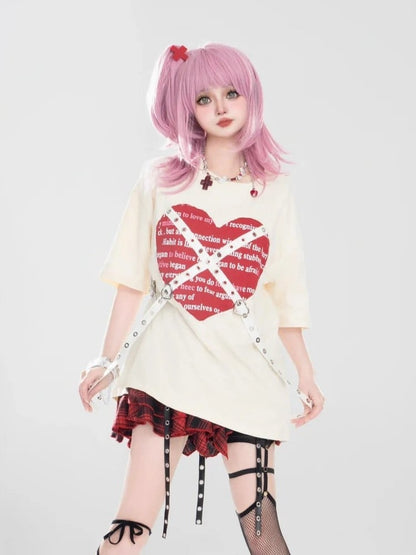 Red Apricot Top Straps With Skirt + Buckle Punk Print Pleated Metal Heart Black Plaid