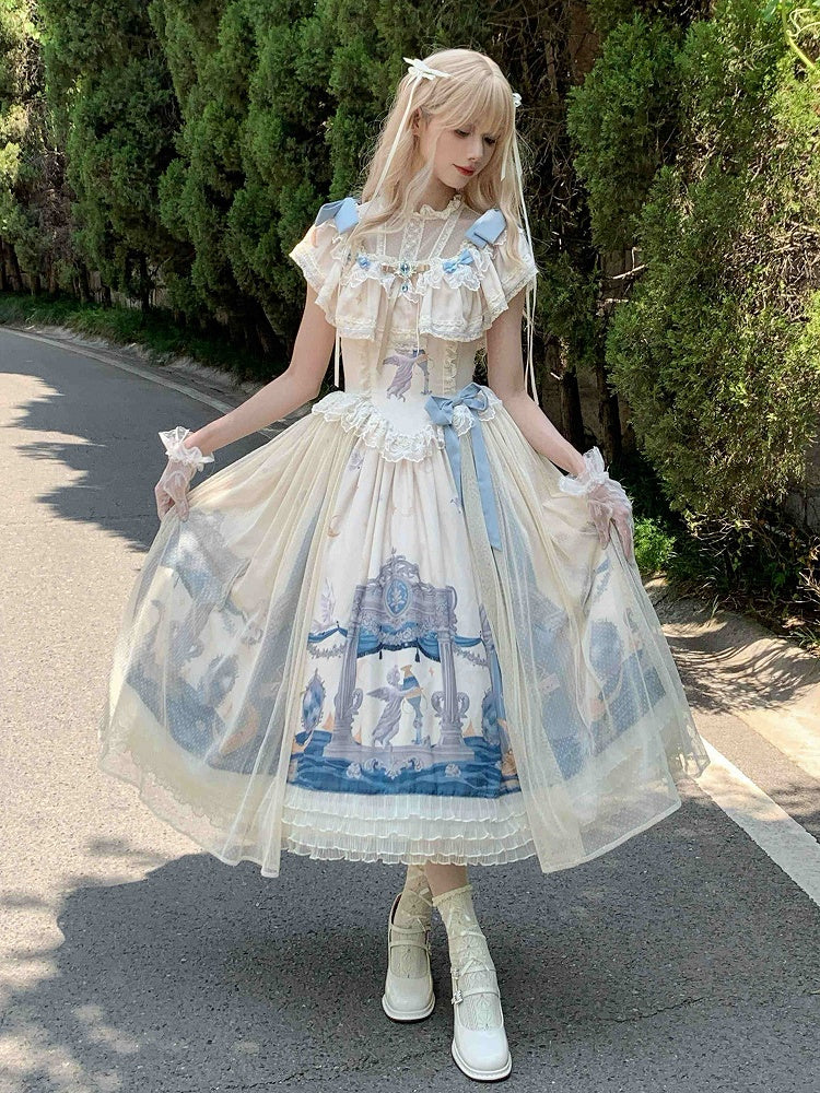 Edward Basque Lolita Print Kleid Klassischer Hals Elegantes Engelsstück Taille Eins