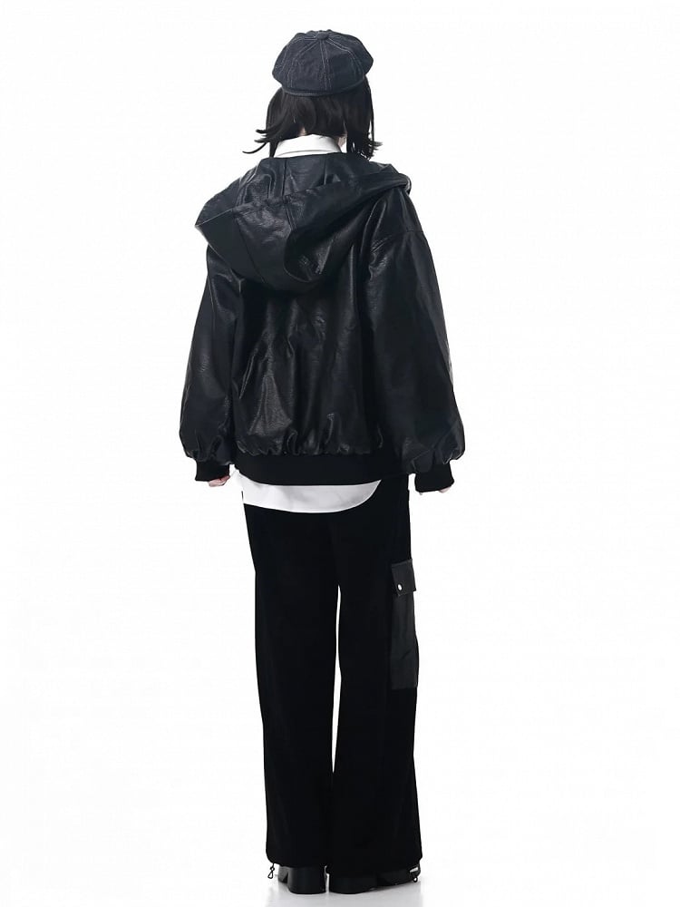 with PU Strap Techwear Lining Snap Hooded Regular/Fleece Black Motorcycle Version Jacket