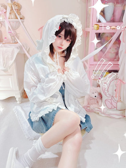 Sweet White Bowknot Sun Protection Jacket with Star Hood - NANACO
