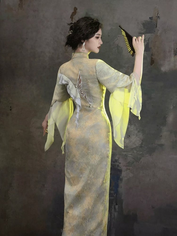 Green Chinese-Style Qipao Dress with Bow Embroidery, Cutout Design & Ruffle Accents - sijinstudio
