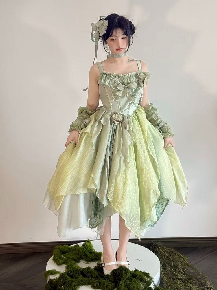 Green Butterfly Theme Lolita JSK with Asymmetrical Hem Sizes S-3XL - Sweet Wood Lolita