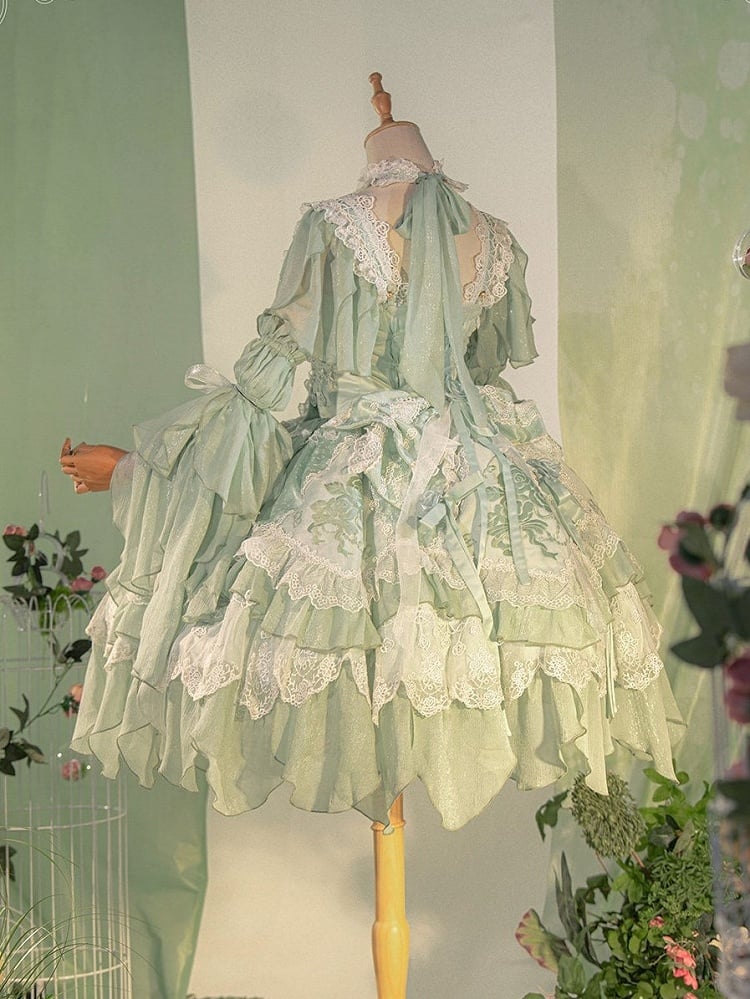 Hanayome Short Lolita Flowing Accents Dress Green Layered Version JSK Ruffles with Light Rose