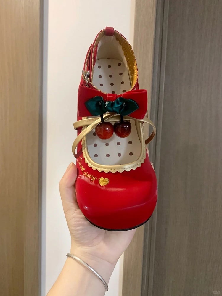 Crisscross Design Low-heel Heart-shaped Shoes Lolita Closure Snap Sweet - Red