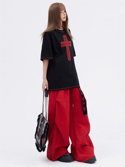 Black Cross Pattern Round Neck T-shirt