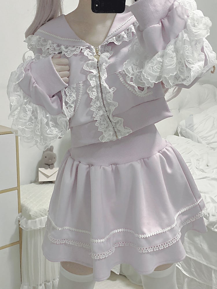 Light Lace Ruffled Hoodie+Lined Closure Jirai Kei Trim Skirt Zip Collar Purple Sports Set- Sailor