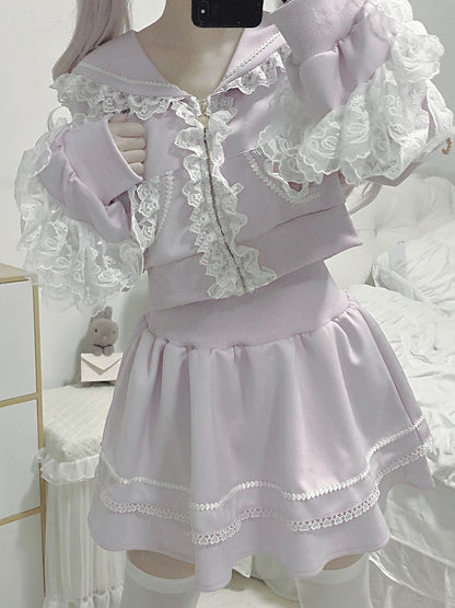 Light Lace Ruffled Hoodie+Lined Closure Jirai Kei Trim Skirt Zip Collar Purple Sports Set- Sailor