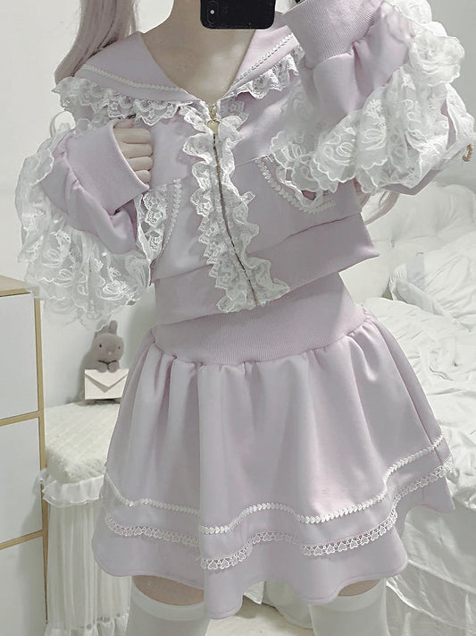 Light Lace Ruffled Hoodie+Lined Closure Jirai Kei Trim Skirt Zip Collar Purple Sports Set- Sailor
