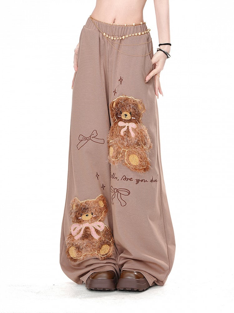 Brown Plush Teddy Bear Bowknots Detail Loose Wide-Leg Pants