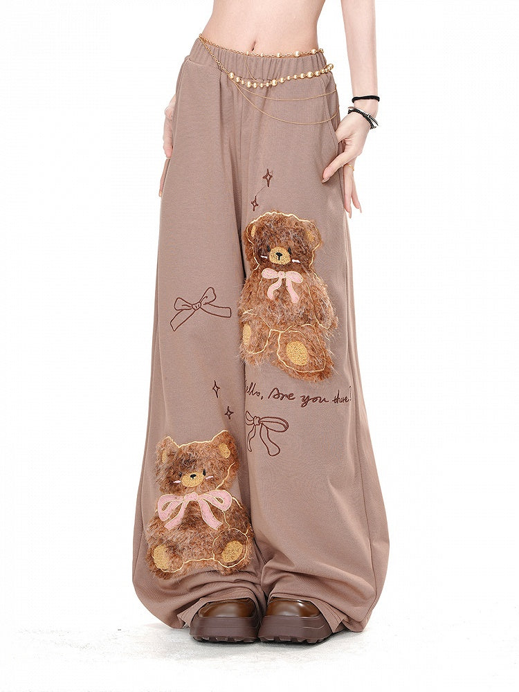 Weite Hose Detail Lose Teddybär Bowknots Braun Plüsch