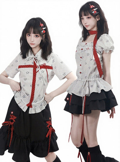 Light Gray Casual Kawaii Plaid & Star Pattern Peter Pan Collar Short Sleeve Shirt with Ruffle Hem - PINK SAVIOR