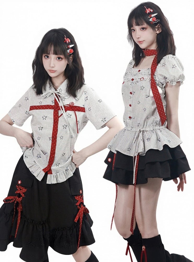 Asymmetric Ruffle Black Skirt with Polka Dot Lace Up - PINK SAVIOR