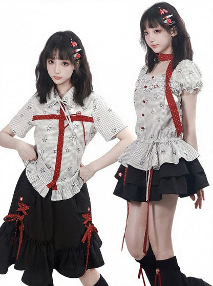Asymmetric Ruffle Black Skirt with Polka Dot Lace Up - PINK SAVIOR
