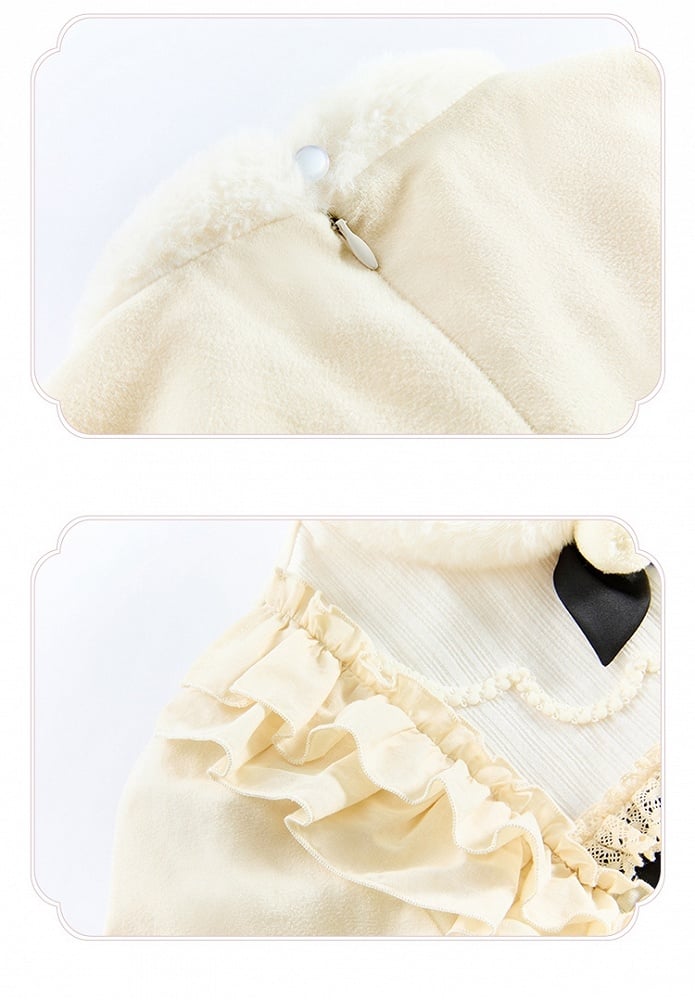und Ausschnitt Beige Lange Ärmel Manschetten Lolita Floral Plüsch Kleid Mieder Stickerei