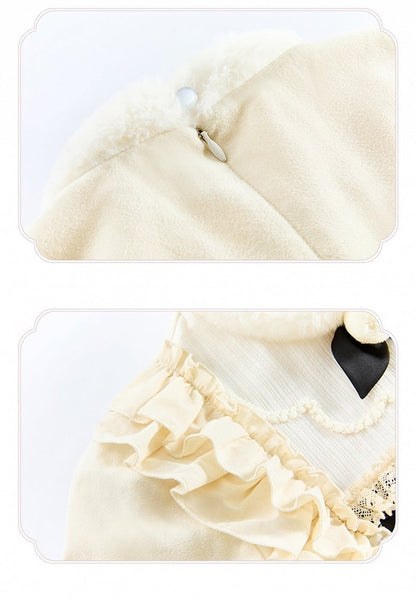 und Ausschnitt Beige Lange Ärmel Manschetten Lolita Floral Plüsch Kleid Mieder Stickerei