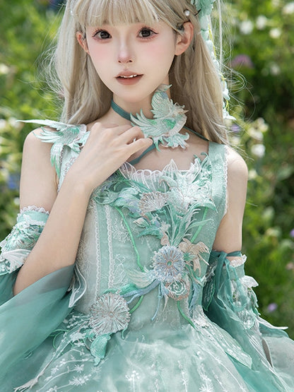 Green Bird Embroidery Patch Self-tie Choker - Misty Isle Letter