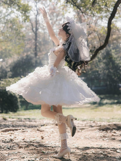 Lily Sweet of Lace Gloves Valley Embroidered Lolita Full Set Choker Veil + KC Head Dress White the