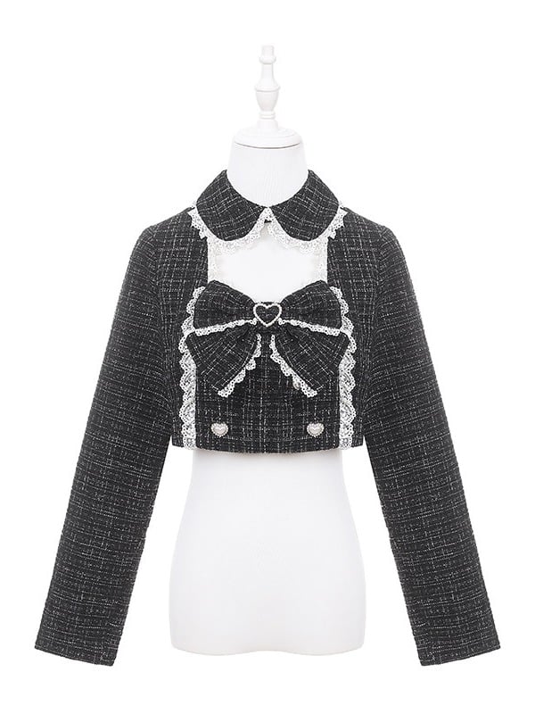 Black Jirai Kei Tweed Top with Chest Cutout, Lace & Bow Details for Fall/Winter - Puppet Bombs