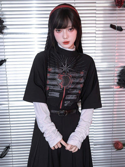 Graffiti With Gothic Sleeve Stand Top Black Print 1/2 Collar