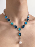Vintage Blue Rhinestone Necklace Adorned with Pearls - YSHXS