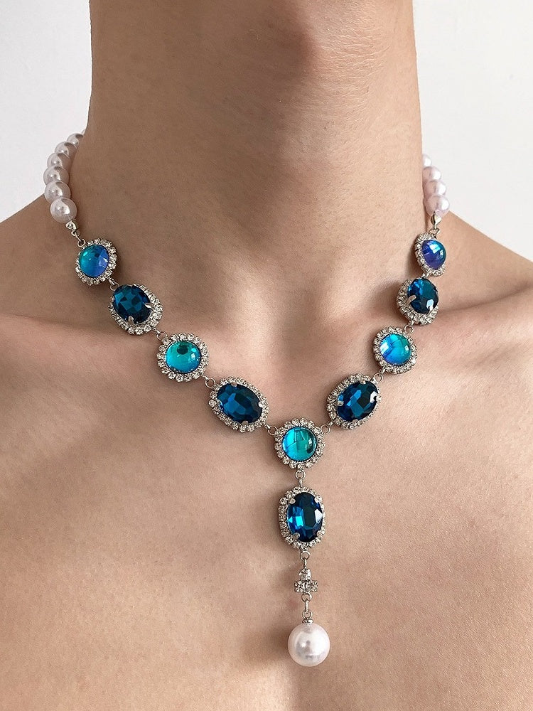 Vintage Blue Rhinestone Necklace Adorned with Pearls - YSHXS