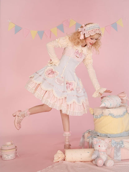Pink Blue Heart and Embroidery Shape Cake JSK Applique Hem Lolita