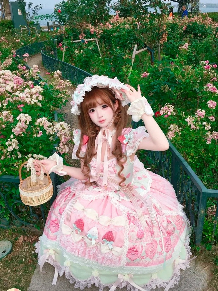Green & Pink Strawberry Cake Print Flutter Sleeve Lolita JSK - Ball Lolita