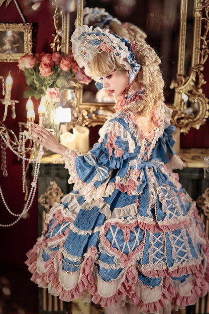 Rosette Embroidered Floral Bead Chain Blue Hanayome Lolita Dress - Bramble Rose
