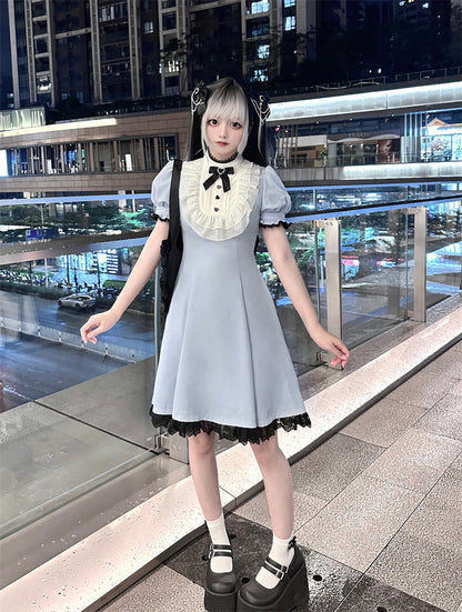 Blue/Black Back Lace Trim Jirai Kei Dress with Bow Big